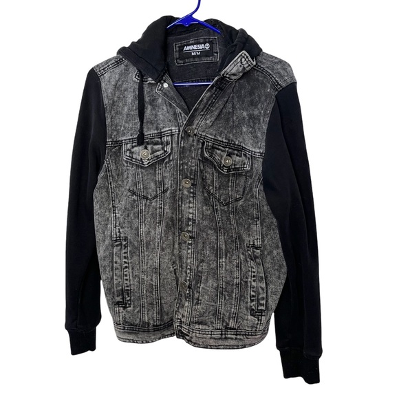 amnesia Jackets & Blazers - AMNESIA Black Grey Acid Wash Denim Vest with Attached Hoodie M